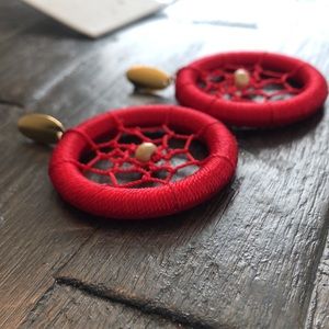 Beautiful dangling red silk woven inspired Dreamcatchers earrings.